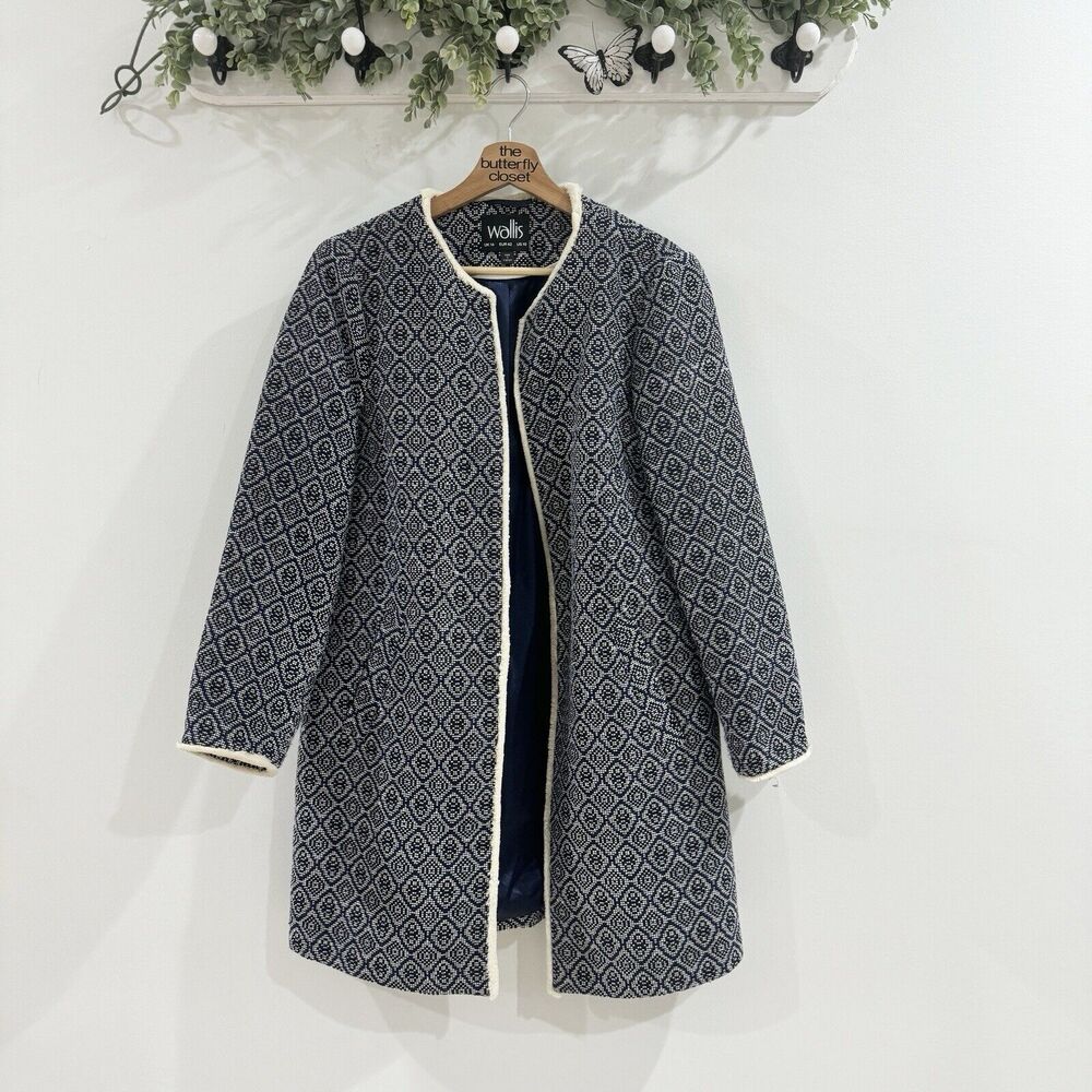 Wallis Edge To Edge Navy And White Longline Jacket Embroidered Size Us 10